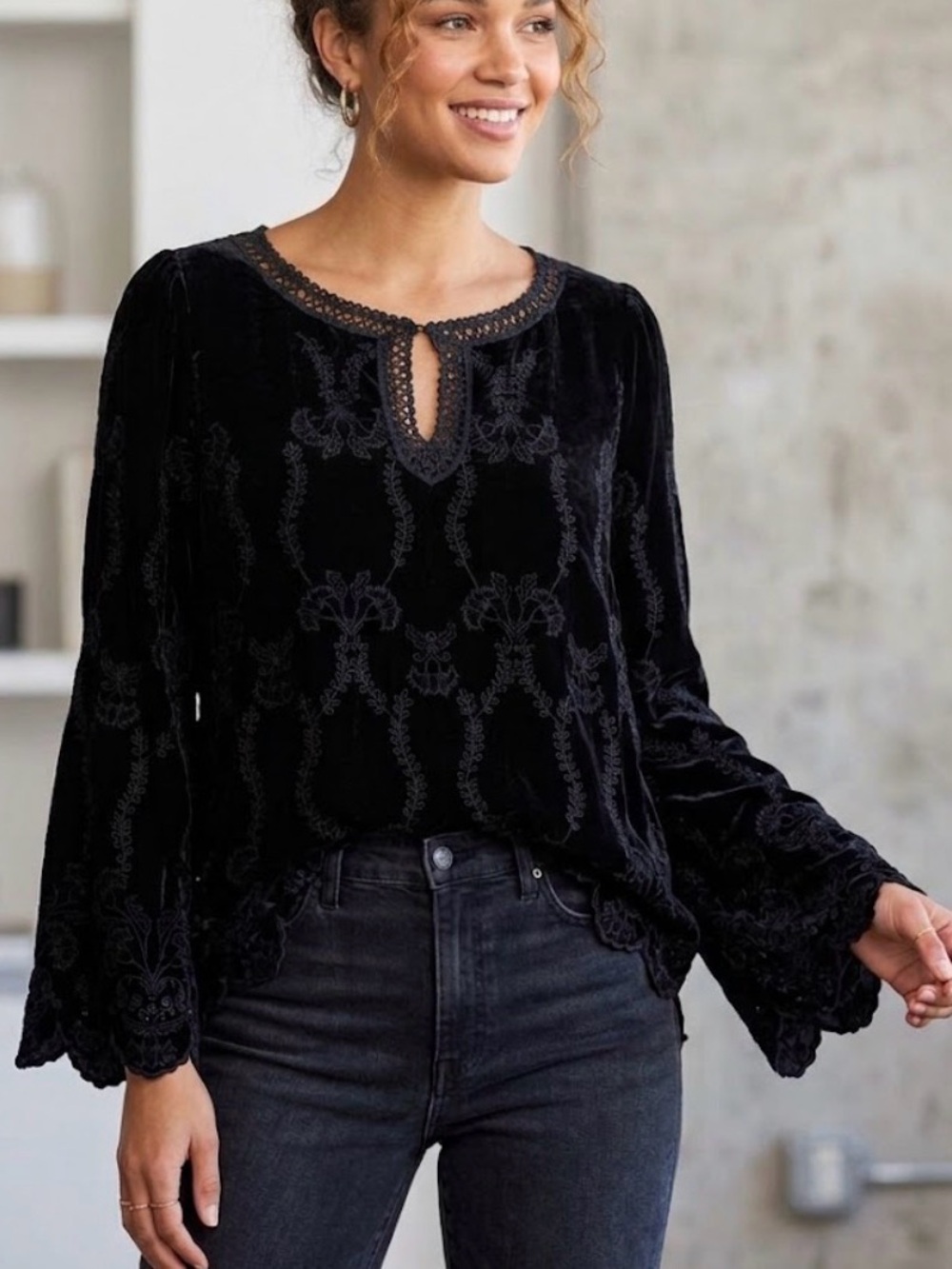 Johnny Was Althea Velvet Peasant Blouse Embroidered